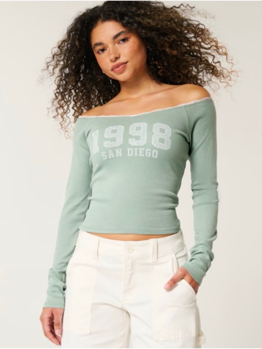 Hollister Sage Green Lace-Trim '1998 San Diego' Long Sleeve Tee